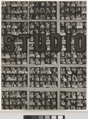 A black-and-white photograph of dozens of photo strips with the word "Studio" across the middle of the image.