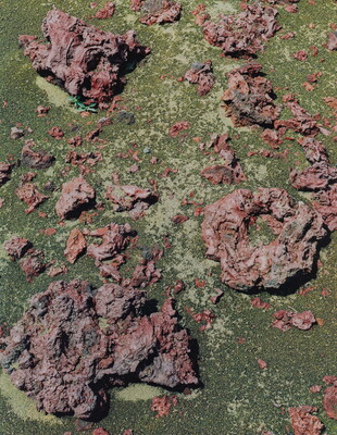 A color photograph of dry red, rocky chunks of lava on what looks like a green stone.