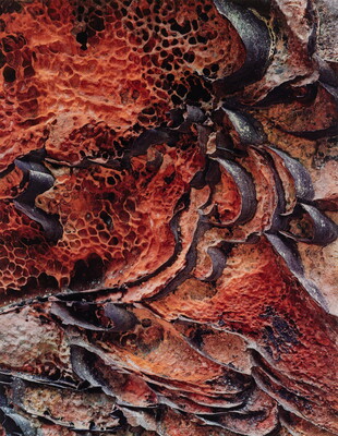 A color close-up photograph of black ribbon patterns scattered among red stone that looks like honeycombs.