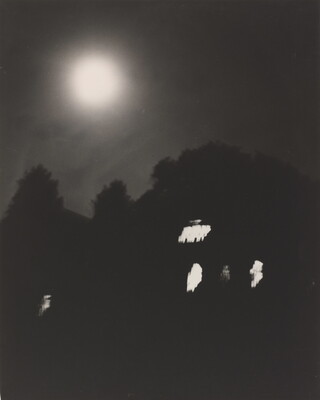 A black-and-white photograph of trees and a dark house with lit windows at night under a full moon.