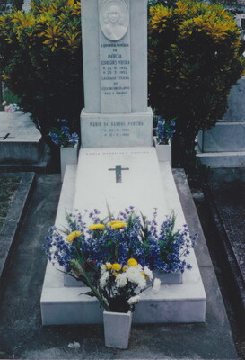 A color photograph of a marble tombstone on which rests a bouquet of yellow and blue flowers.