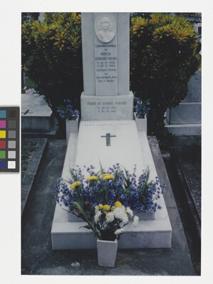 A color photograph of a marble tombstone on which rests a bouquet of yellow and blue flowers.