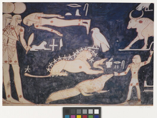 A color photograph of a mural with white and red hieroglyphs featuring people, animals, and other symbols.