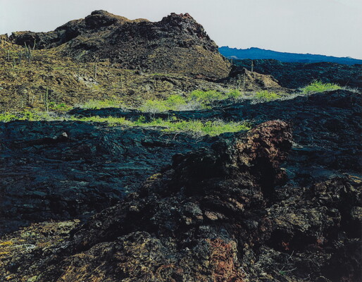A color photograph of a rocky landscape formed by lava and partially covered in green grass.