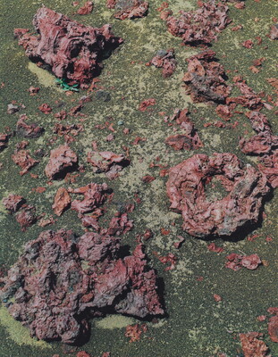 A color photograph of dry red, rocky chunks of lava on what looks like a green stone.