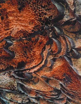 A color close-up photograph of black ribbon patterns scattered among red stone that looks like honeycombs.