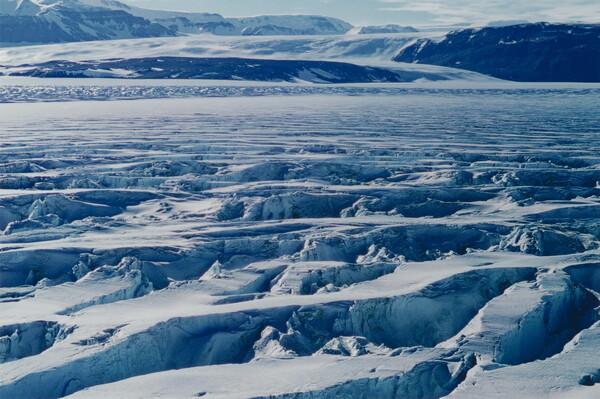 A color photograph of a field of glacial ice with many crevasses and snow-covered mountains on a sunny day.