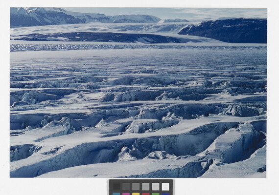 A color photograph of a field of glacial ice with many crevasses and snow-covered mountains on a sunny day.