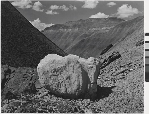 A black-and-white photograph of a light-colored boulder sitting in scree with dark mountains in the background.