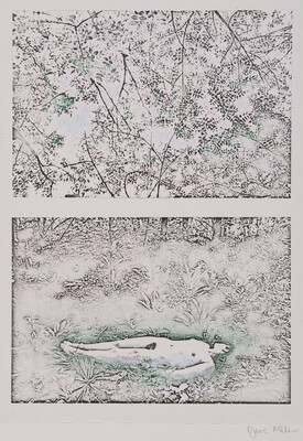 Two monochromatic photographs stacked vertically: the top shows tree tops, and the bottom a nude figure lying in grass.