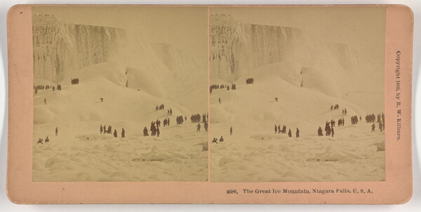 Two almost identical side-by-side sepia-toned photographs of people at the base of a snowy and icy cliff.