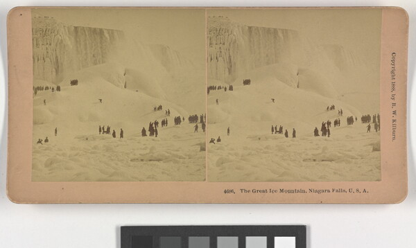 Two almost identical sepia-toned photographs side by side of people at the base of a snowy and icy cliff.