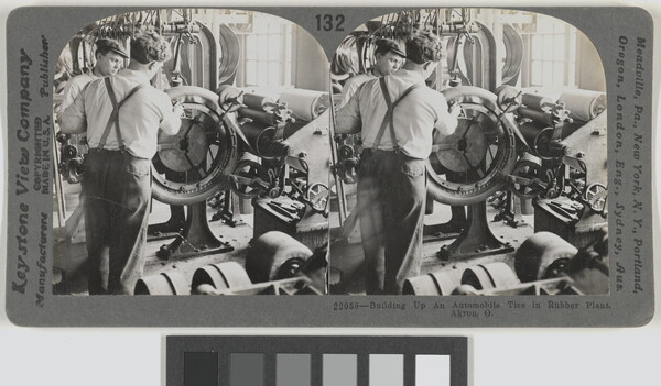 Two almost identical black-and-white photographs side by side of two men in a factory working at a machine.