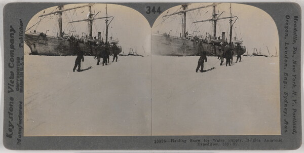 Two almost identical side-by-side black-and-white photographs of people walking on snow toward a large ship.