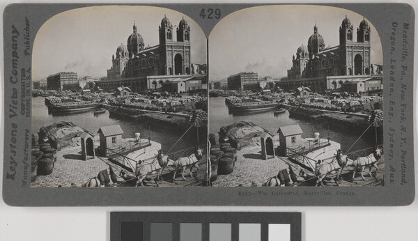 Two almost identical black-and-white photographs side by side of a large cathedral next to a river with boats docked nearby.