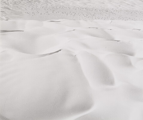A black-and-white photograph of gentle waves in the desert sand.