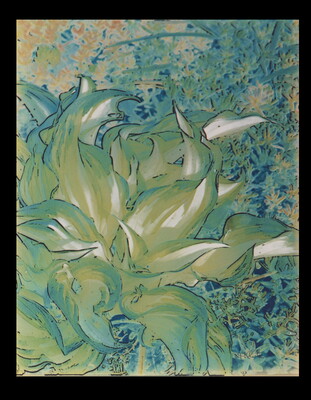 An abstract, color photograph of a plant with large leaves made with a process that gives it a painterly appearance.