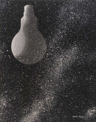 A black-and-white photograph of a starry galaxy with a large lightbulb hanging upside-down from the upper left corner.