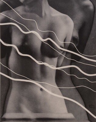 A black-and-white photograph of a double-exposed White nude female torso with several wavy lines layered in front.