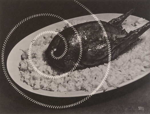 A black-and-white photograph of roasted poultry on a bed of white rice with an electric coil spiraled over it.