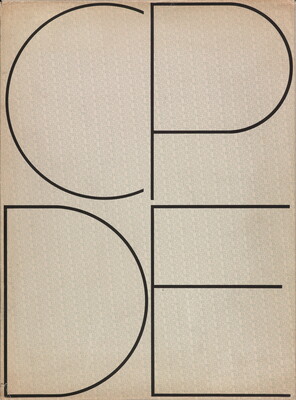 A black-and-white photograph of a print with large, thin capital letters C and P on top, and D and E on the bottom.