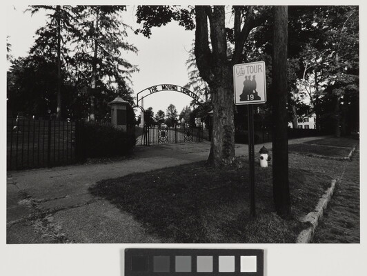 A black-and-white photograph taken from the street of a wrought iron gate a the entrance to a cemetery.