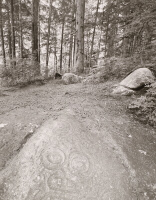 A black-and-white photograph of circular patterns in a dirt clearing surrounded by boulders and tall trees.
