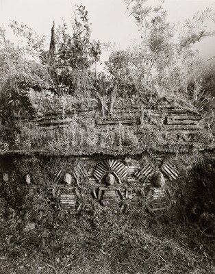 A black-and-white photograph of human figures carved out of rock in a hillside covered with brush and small trees.
