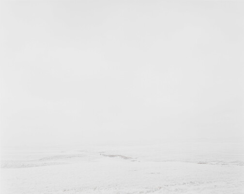 A black-and-white photograph of a white, snow-covered landscape with scattered hints of rocks or vegetation against a white sky.