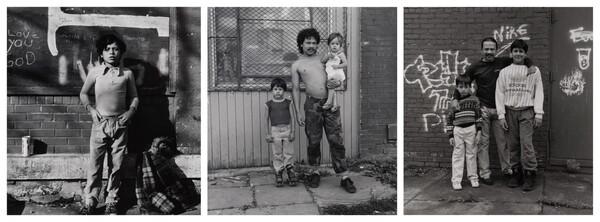 Three square black-and-white photographs (L-R): a young, dark-haired boy standing against a brick wall covered with graffiti; a shirtless young man holding one child on his hip and standing next to another; a middle-aged man standing in front of a graffiti-covered brick wall with a teenager and older child.