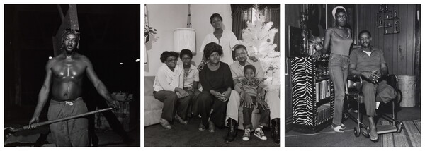 Three square black-and-white photographs (L-R): a muscular Black man, goggles pushed up on his head, holding shovel; a group of Black people, a man, two women, and three children, posed around a white Christmas tree; a Black woman standing next to a Black man in a wheelchair, one leg amputated at the knee.