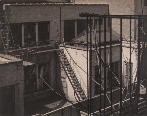 A black-and-white photograph of brick city buildings with fire escapes.