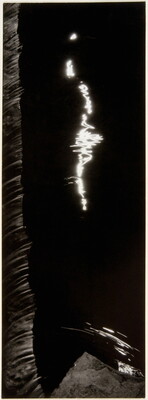 An abstract, black-and-white, vertically-oriented photograph that resembles neon lights reflected on water.