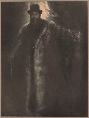 A dark, soft-focus black-and-white photograph of a tall, broad light-skinned man with a beard wearing a top hat and long fur coat.