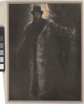 A dark, soft-focus black-and-white photograph of a tall, broad light-skinned man with a beard wearing a top hat and long fur coat.