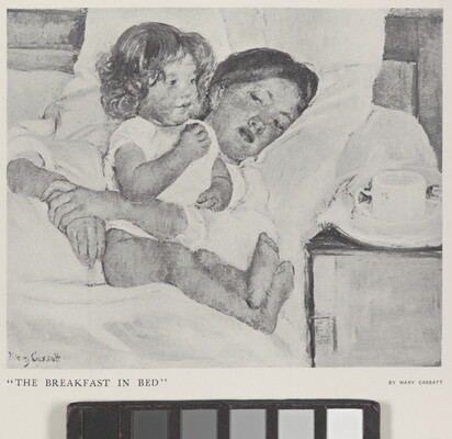A black-and-white photograph of a print of a White woman laying in bed with her arms around a seated toddler.