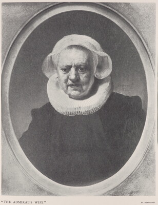 A black-and-white photograph of a print of an older woman from the bust upward wearing period clothing.