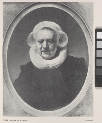 A black-and-white photograph of a print of an older woman from the bust upward wearing period clothing.