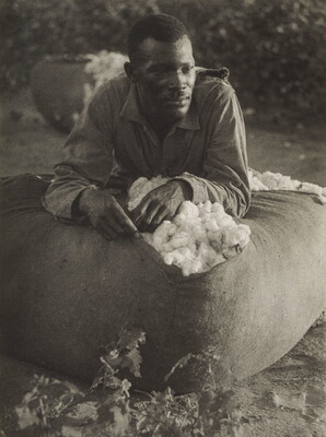 A black-and-white photograph of a Black man leaning on a bag of cotton with his forearms, looking away from the viewer.