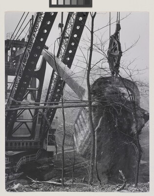 A black-and-white photograph of a massive digging machine taking a huge chunk of earth out of the ground with spindly trees in the foreground.