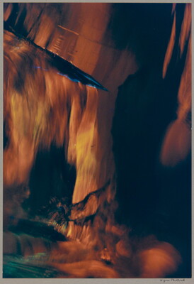 An abstract color photograph of yellow, brown, and black streaks of color.