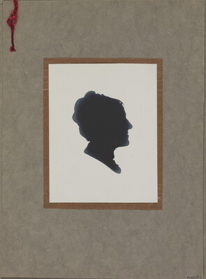 A black silhouette print of a woman's head, shown in profile, on a white background.
