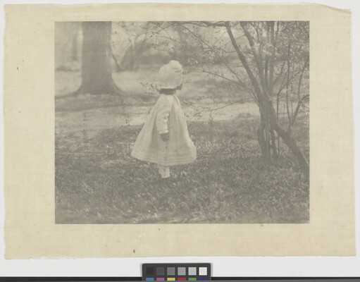 A black-and-white photograph of a young child in a white dress and hat standing in a field of grass and facing away from the camera.