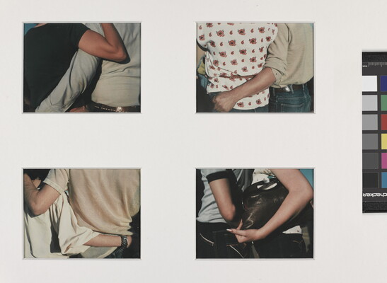 Four close-up color photographs of the backs of people with their arms around each other.