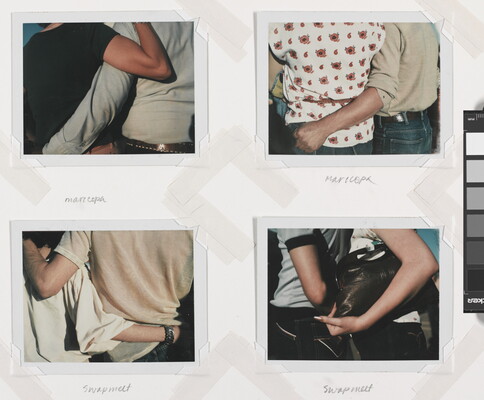 Four close-up color photographs of the backs of people with their arms around each other.