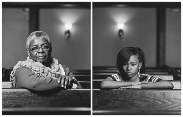 Two black-and-white photographs that show side-by-side portraits of, on the left, an older Black woman sitting in a pew and, on the right, a Black girl sitting in a pew.
