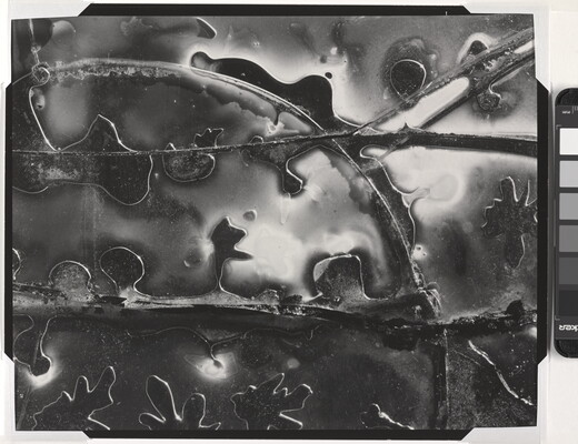 A black-and-white abstract photograph of glossy and transparent shapes and lines.