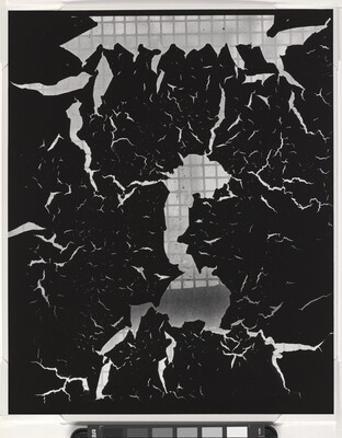 A black-and-white abstract photograph of black abstract shapes suspended in front of a gridded background.