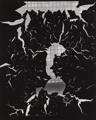 A black-and-white abstract photograph of black abstract shapes suspended in front of a gridded background.