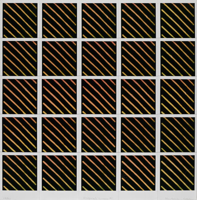 An abstract color photo of five rows of five squares, each square featuring thin yellow, diagonal lines slanting from upper left to lower right on a black background.